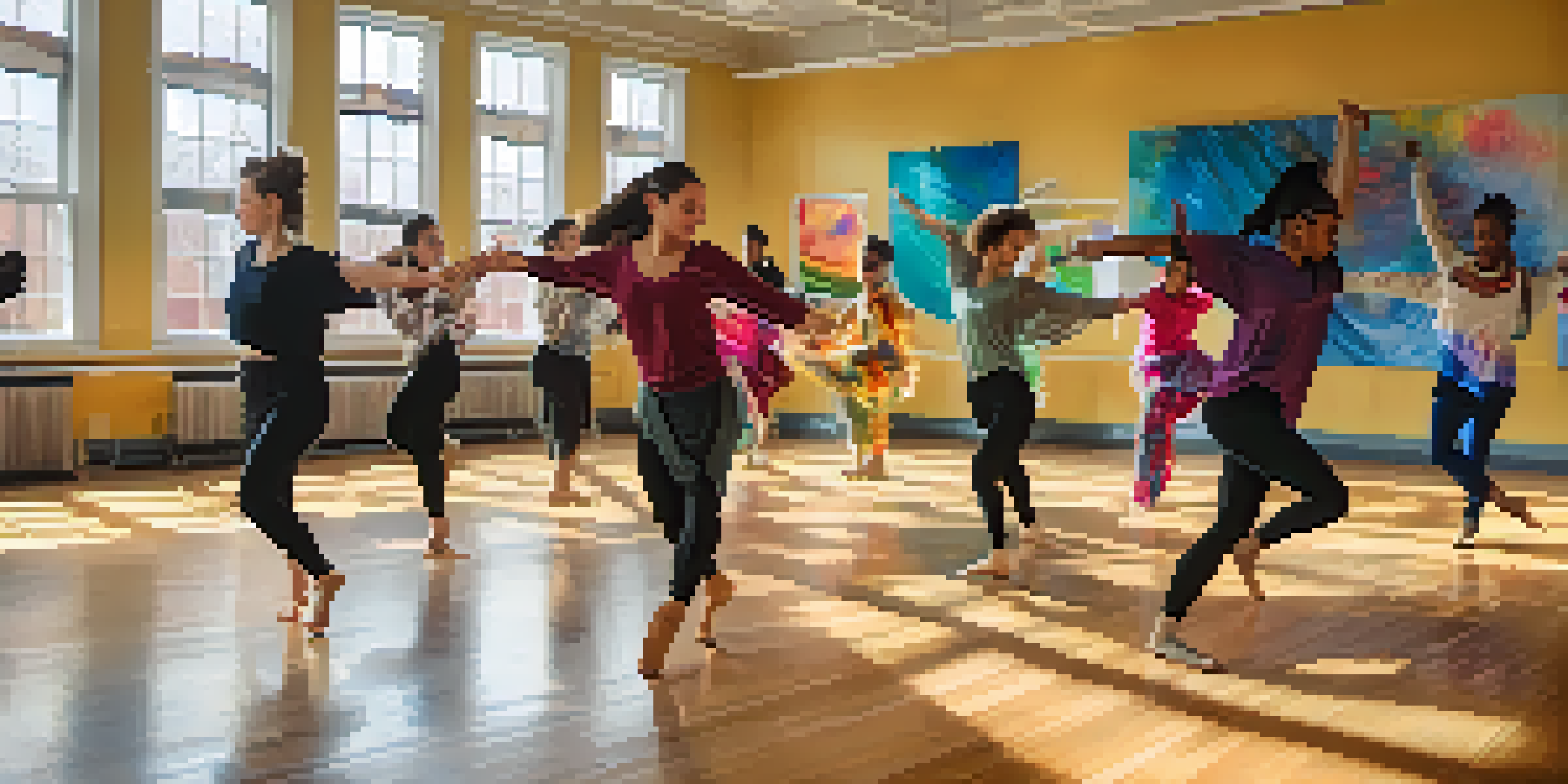 A lively dance classroom with diverse students dancing and expressing themselves, illuminated by natural light.