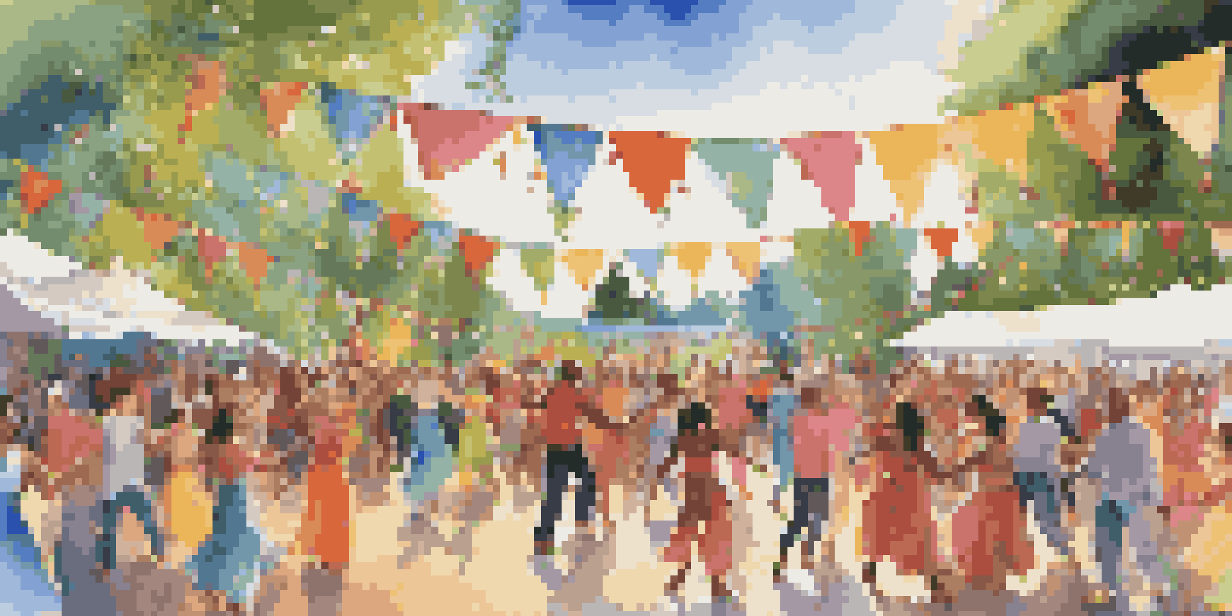 A lively dance festival with diverse participants dancing joyfully under colorful banners, featuring performers on stage amidst greenery and a blue sky.