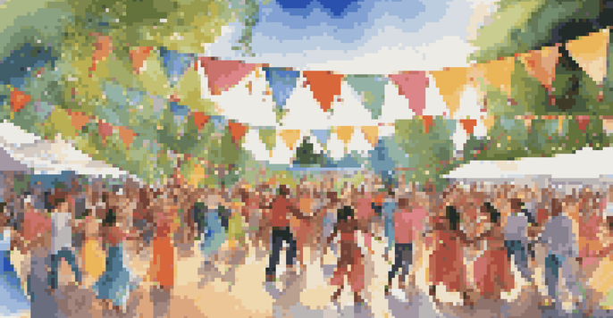 A lively dance festival with diverse participants dancing joyfully under colorful banners, featuring performers on stage amidst greenery and a blue sky.