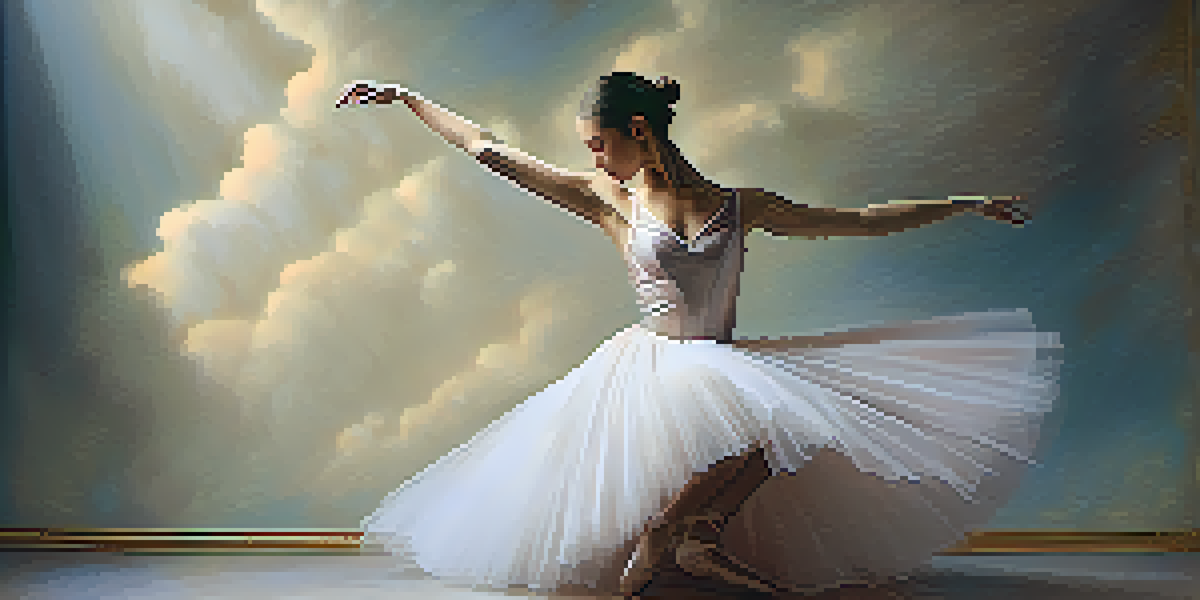 A ballet dancer performing on stage in a beautiful tutu, illuminated by soft warm lights, with a dreamy cloud backdrop.