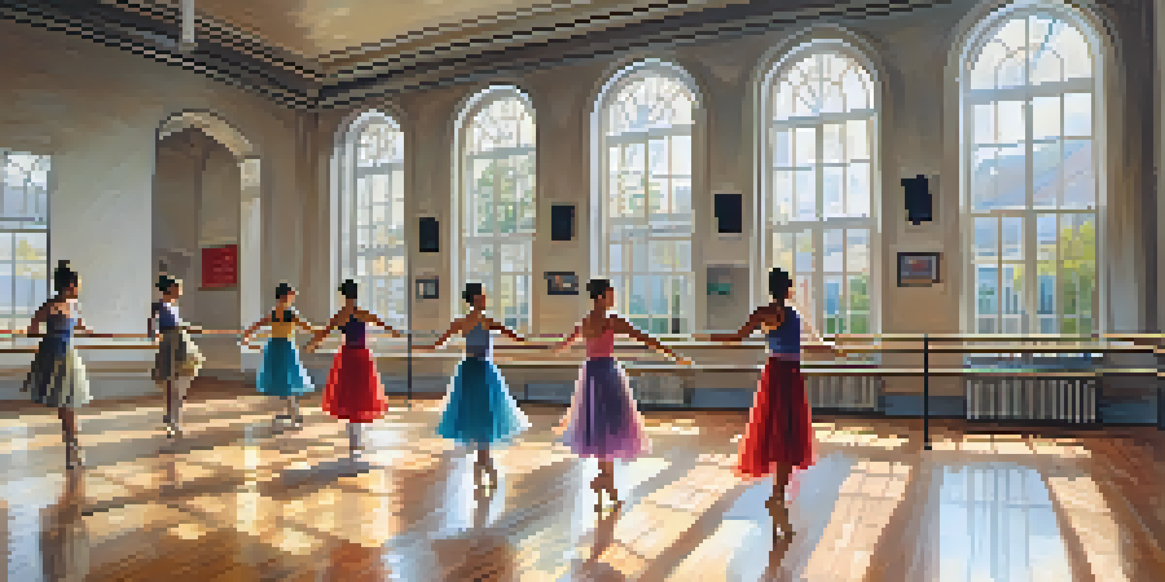 A dance studio with dancers practicing Labanotation, featuring wooden floors and large mirrors illuminated by natural light.