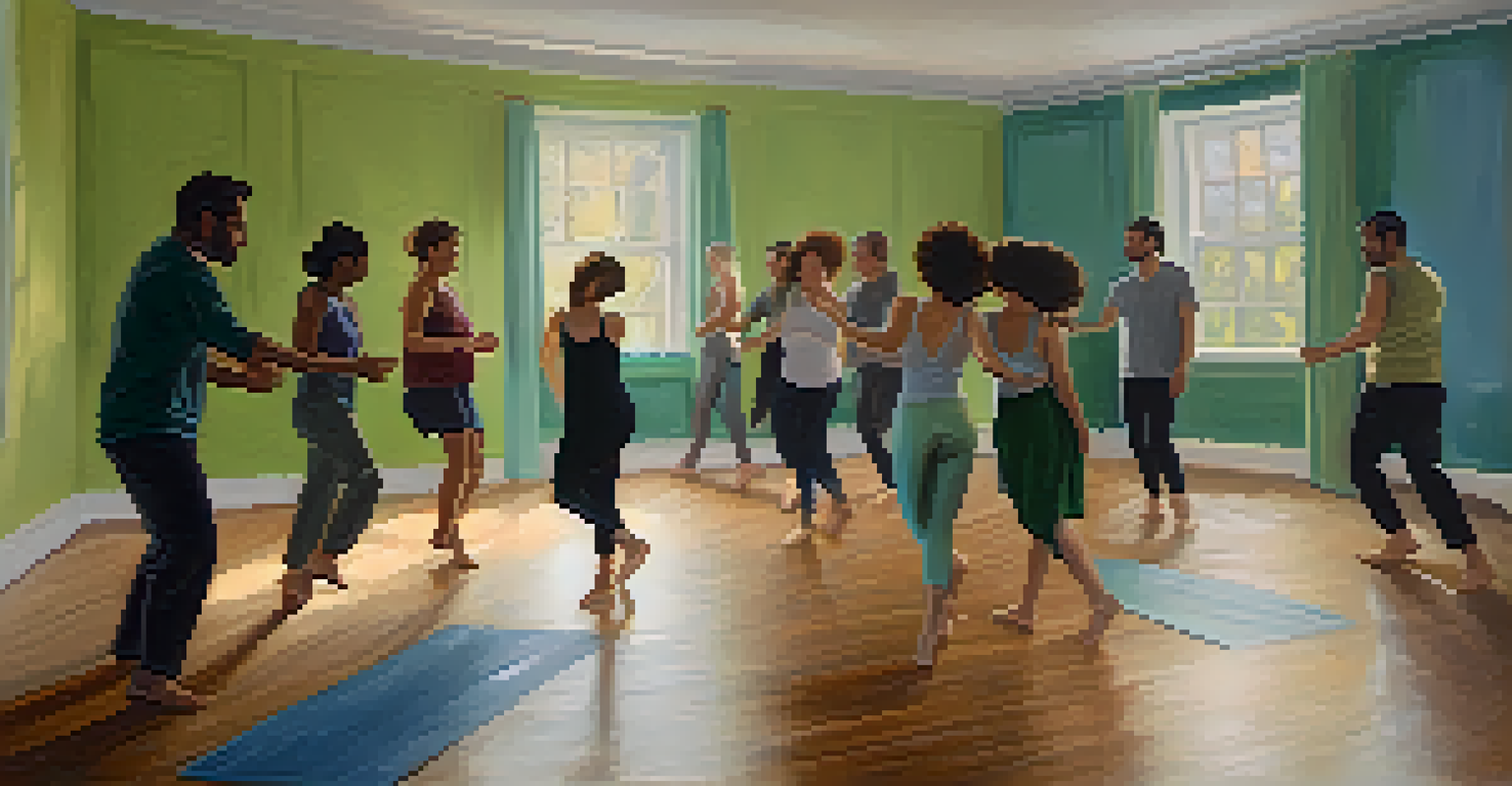 A cozy dance therapy session with participants engaging in expressive movement in a supportive environment.