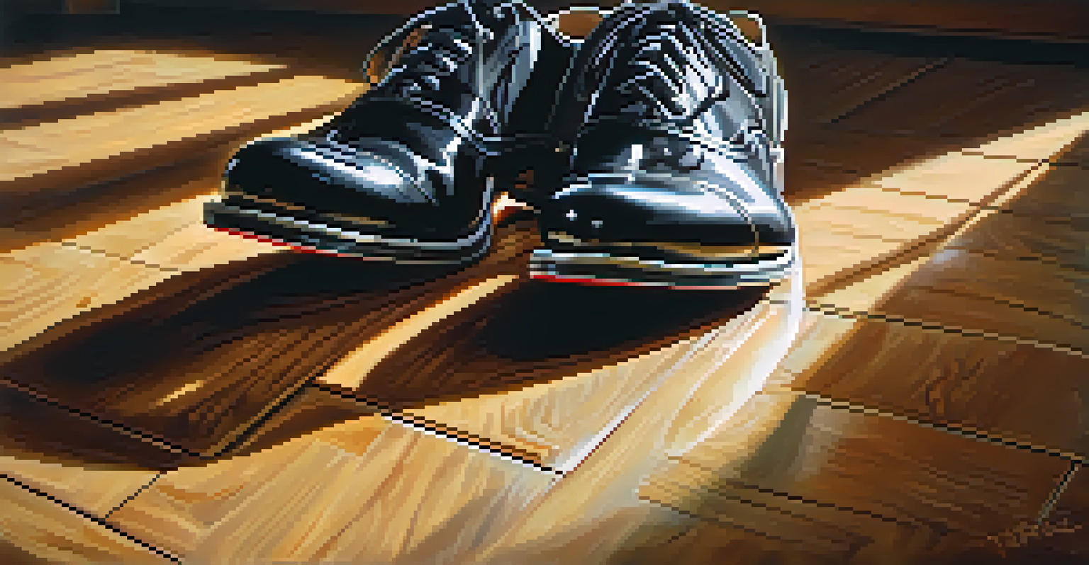 A close-up of tap shoes resting on a worn wooden dance floor, illuminated by warm spotlight, showcasing intricate details and textures.