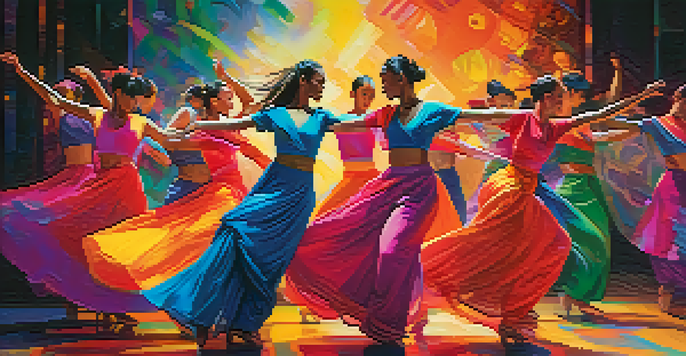 A lively group of dancers from various backgrounds performing on stage, blending traditional and modern dance styles with colorful costumes and digital projections in the background.
