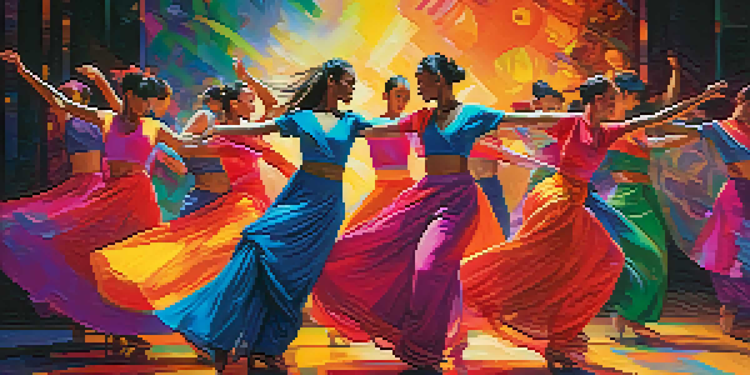 A lively group of dancers from various backgrounds performing on stage, blending traditional and modern dance styles with colorful costumes and digital projections in the background.