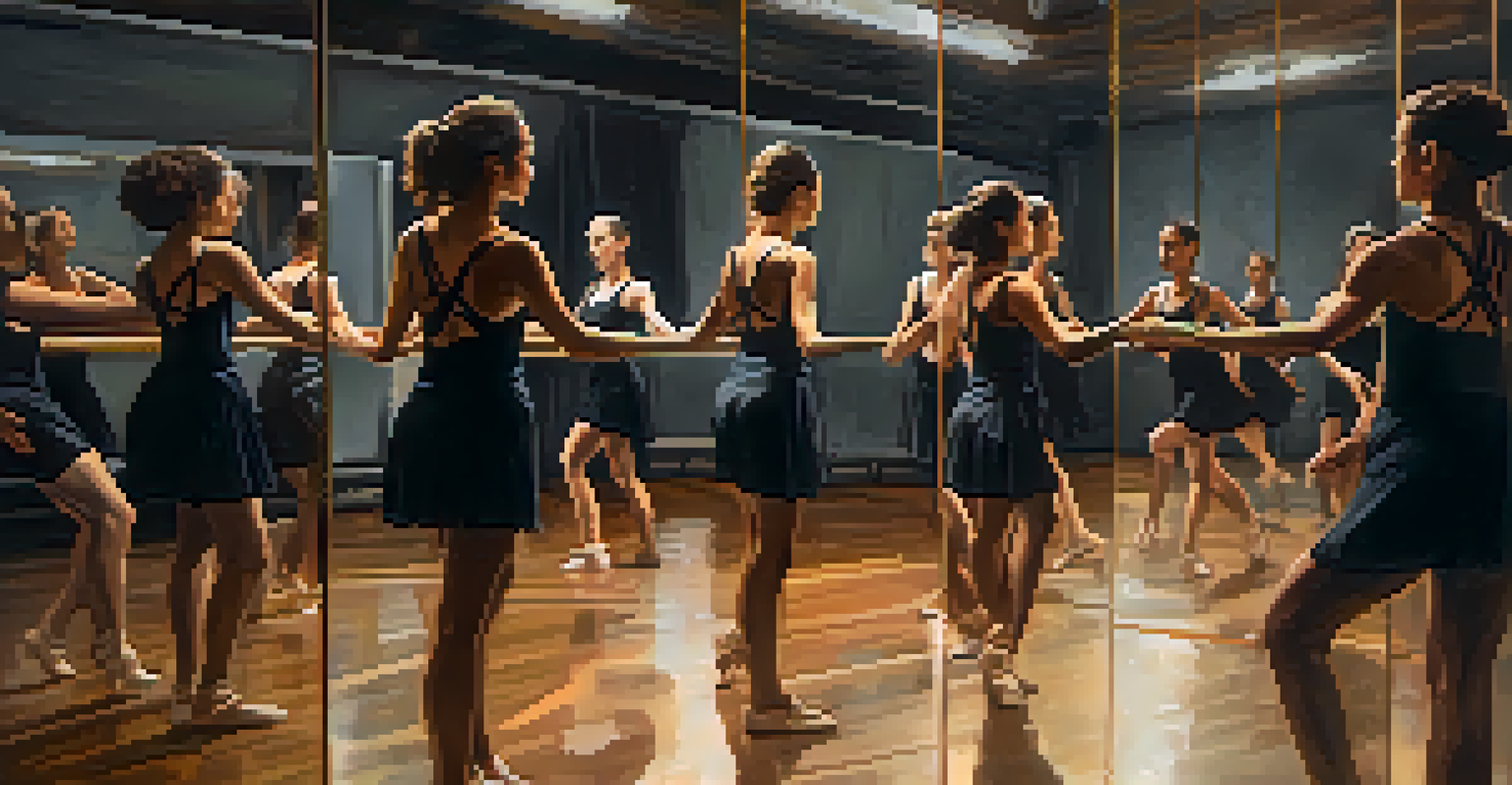 A choreographer leading a diverse group of dancers in a dance studio filled with mirrors and warm lighting.