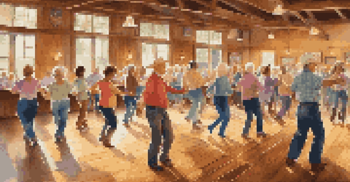 A diverse group of people participating in a line dancing class in a rustic dance hall with warm lighting.