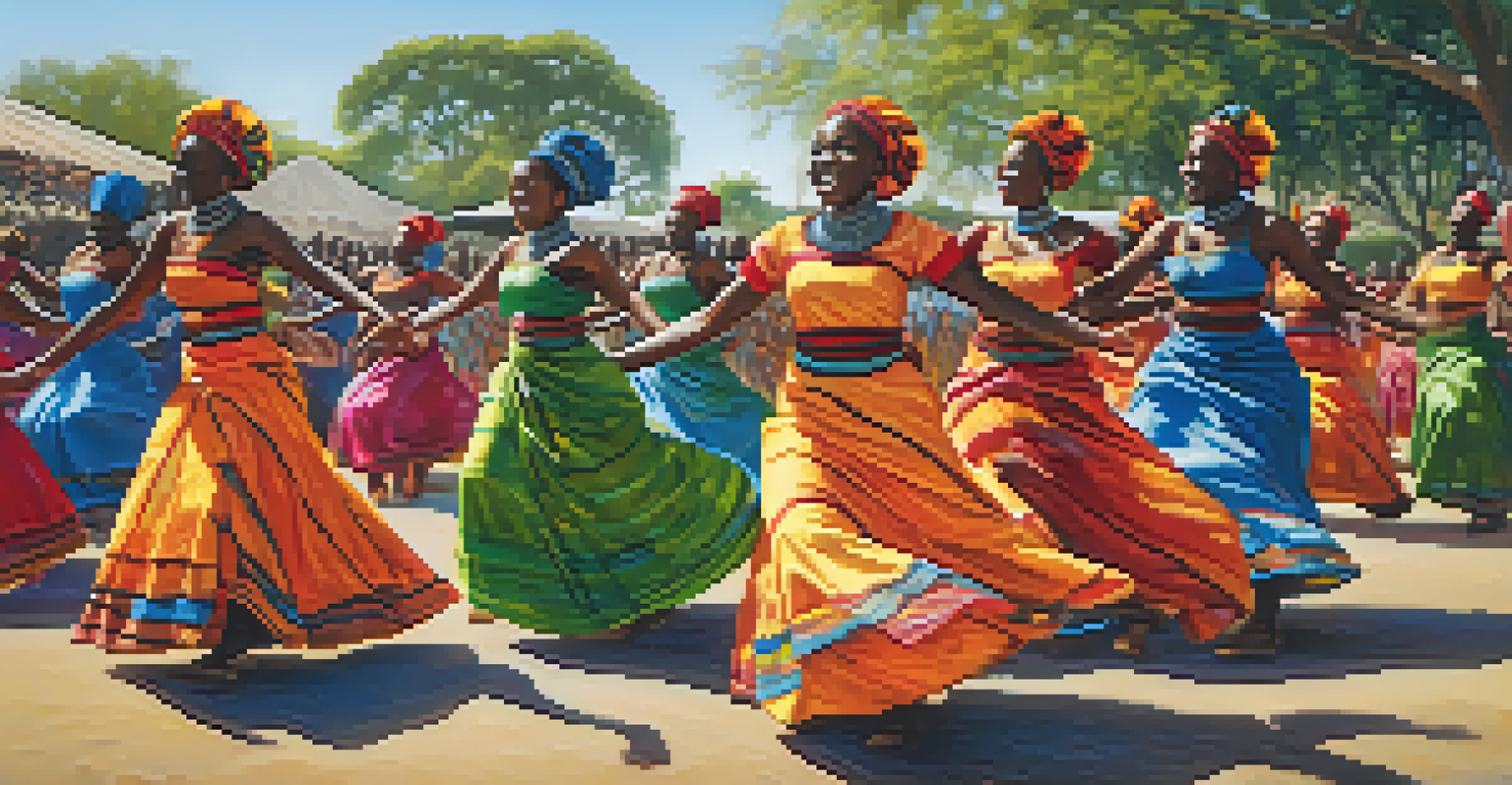 A group of dancers in traditional African attire performing outdoors, expressing joy with colorful costumes under warm sunlight.
