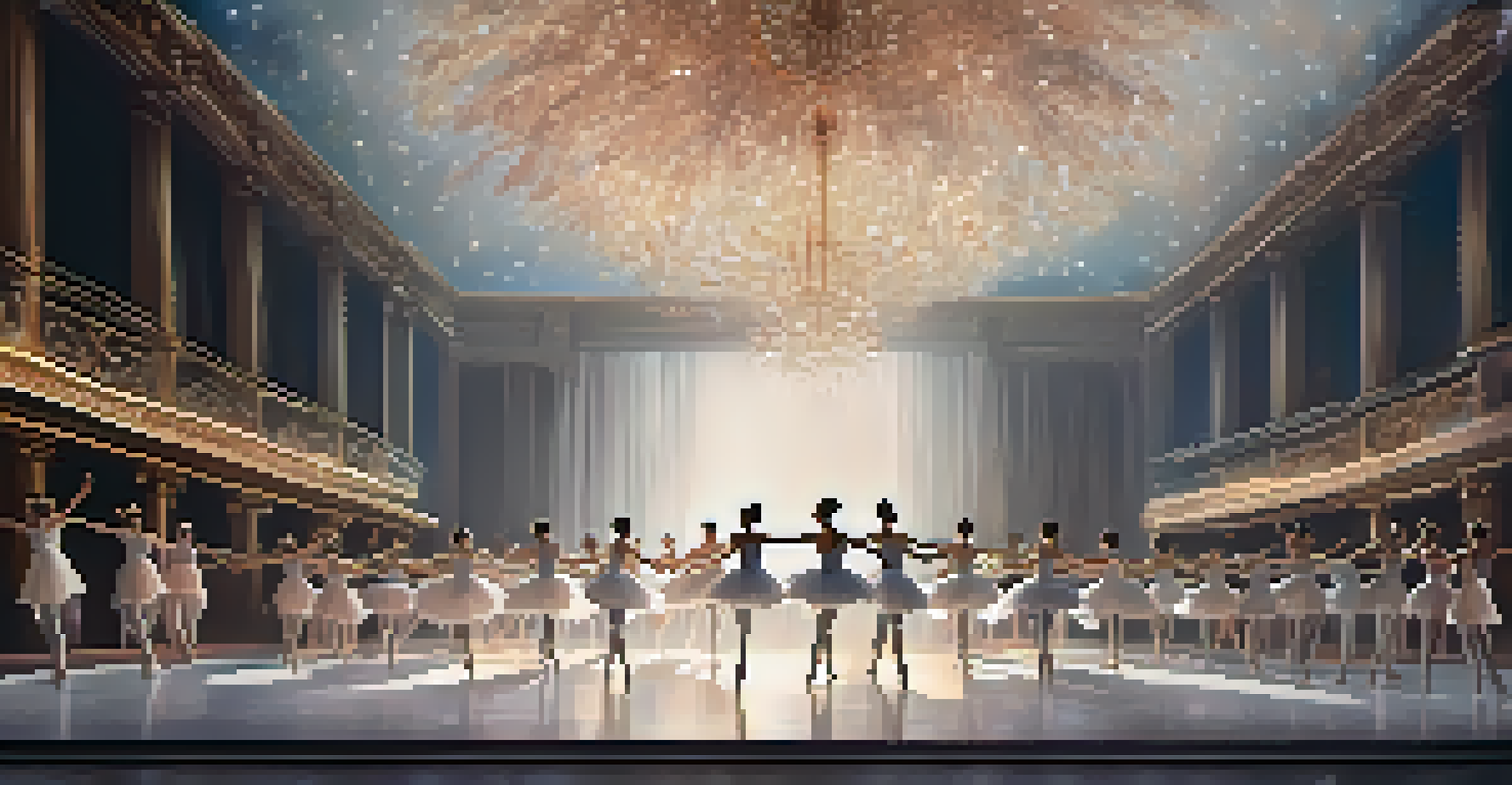 A ballet performance viewed in virtual reality, with dancers on stage and an audience wearing VR headsets.