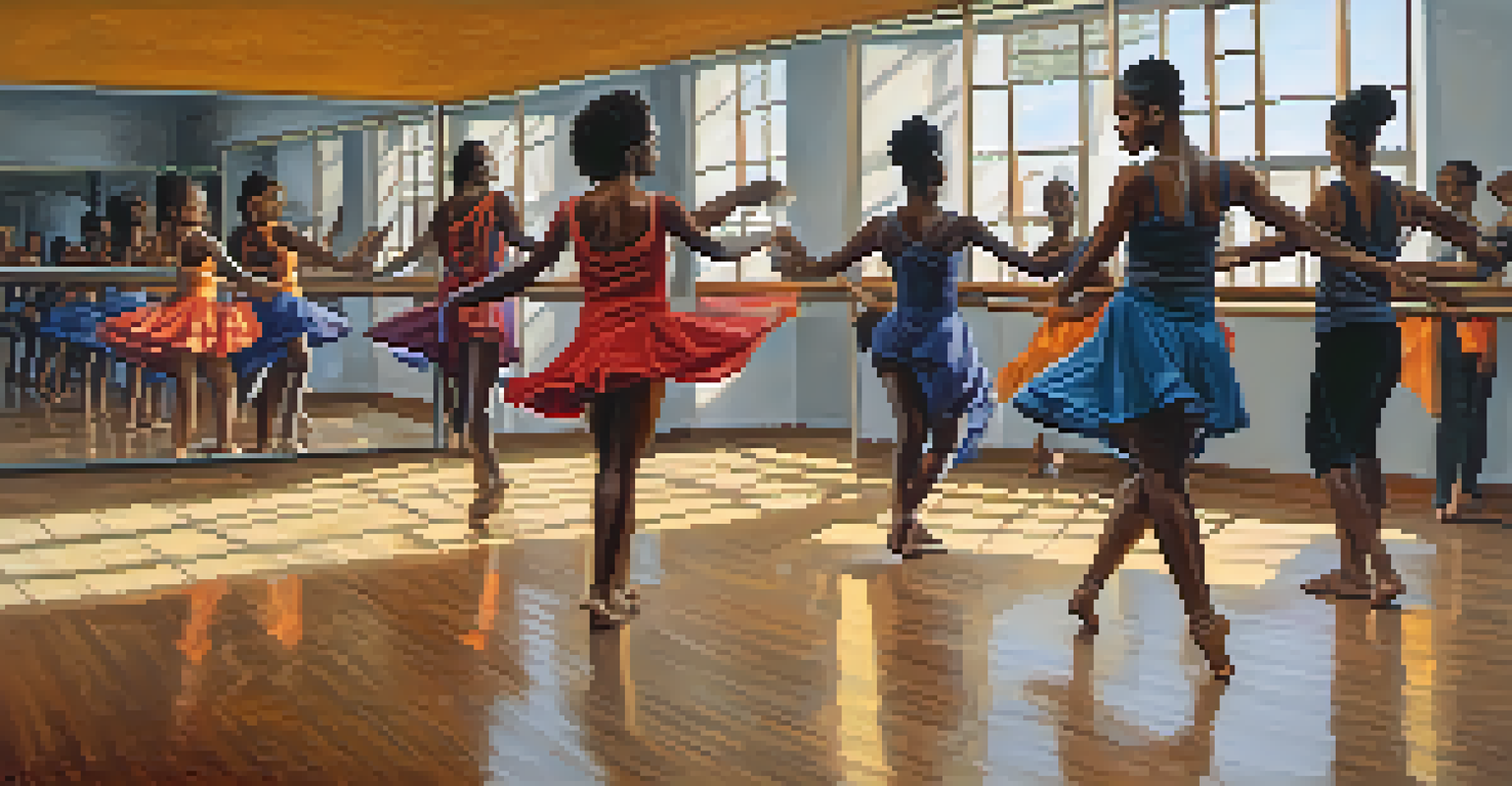 Dancers of diverse backgrounds in a contemporary studio participating in a workshop blending African rhythms with modern dance, surrounded by mirrors and natural light.