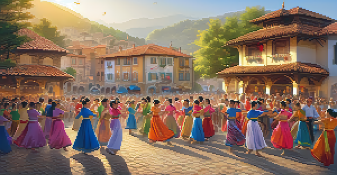 A lively traditional dance festival with dancers in colorful costumes performing in a village square, surrounded by an engaged audience and charming local buildings in the background.