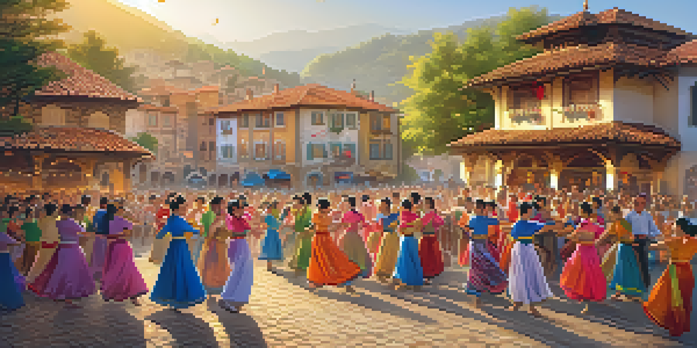 A lively traditional dance festival with dancers in colorful costumes performing in a village square, surrounded by an engaged audience and charming local buildings in the background.