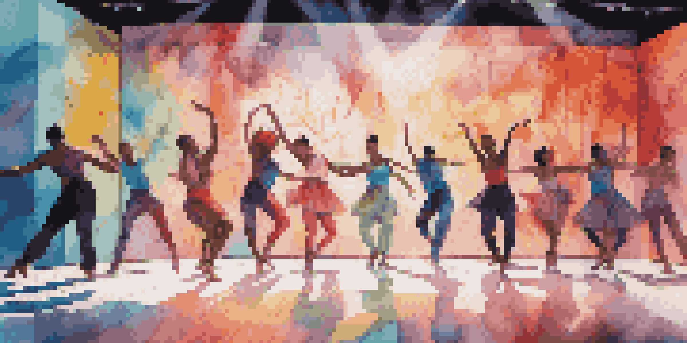 A lively dance performance combining ballet and hip-hop styles with colorful projection mapping in the background.