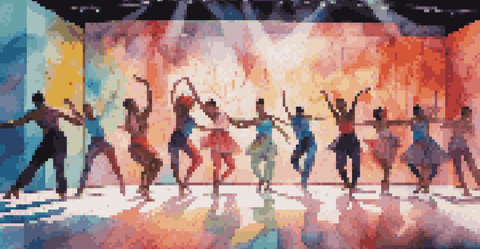 A lively dance performance combining ballet and hip-hop styles with colorful projection mapping in the background.