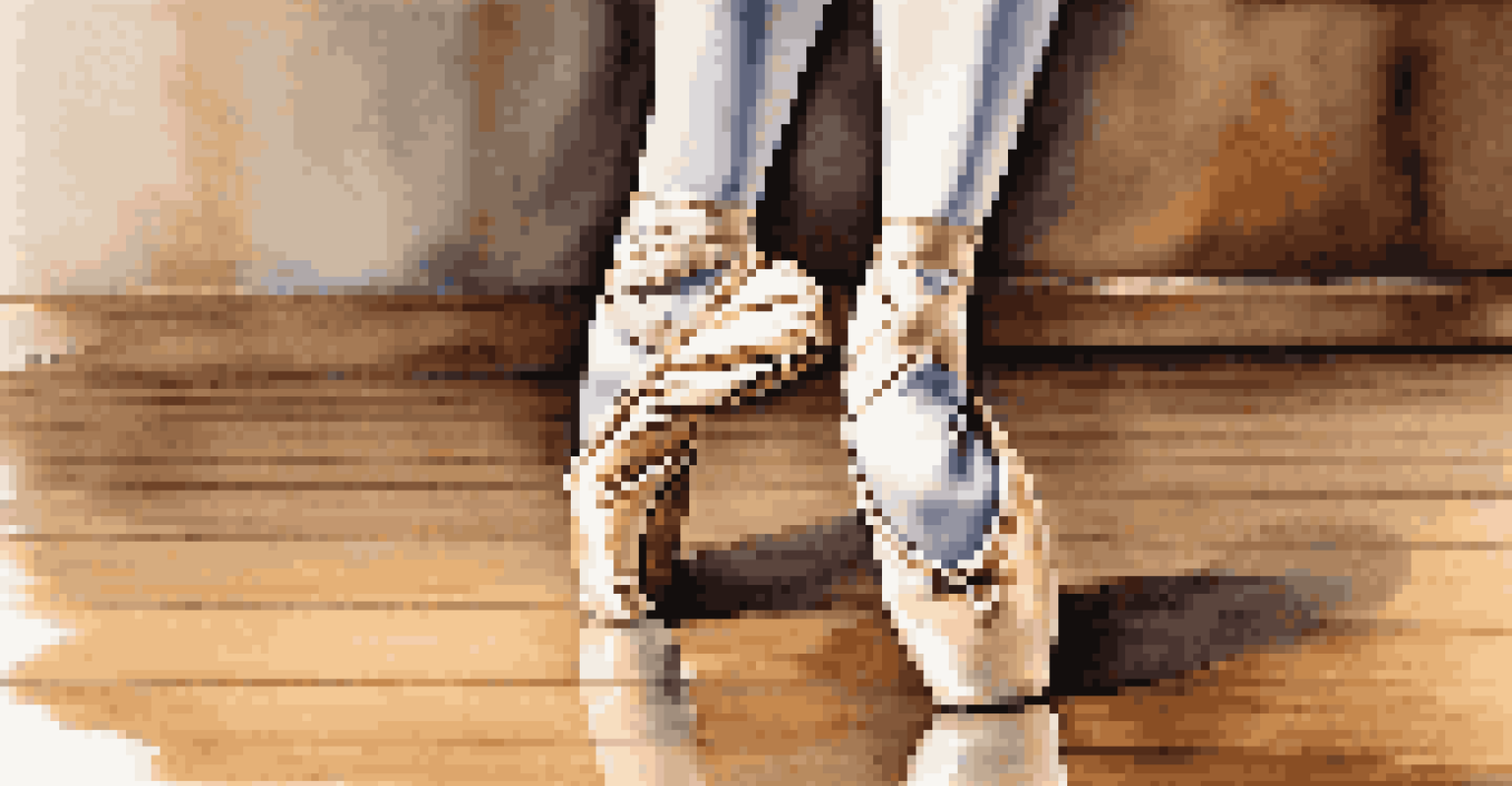 Close-up of a dancer's feet in pointed ballet shoes on a polished wooden floor.