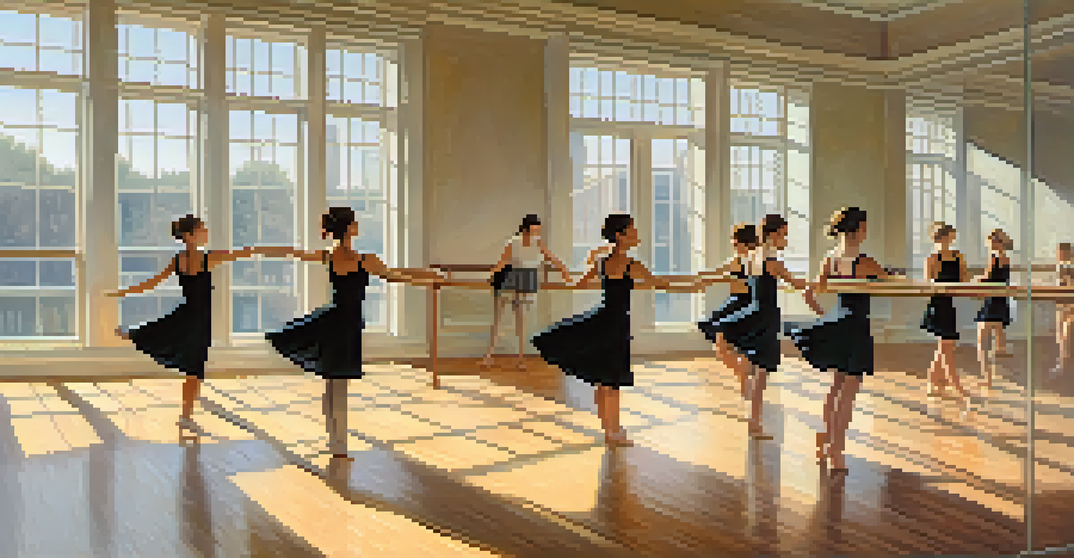 Dancers rehearsing in a bright studio with natural light, focused on their practice.