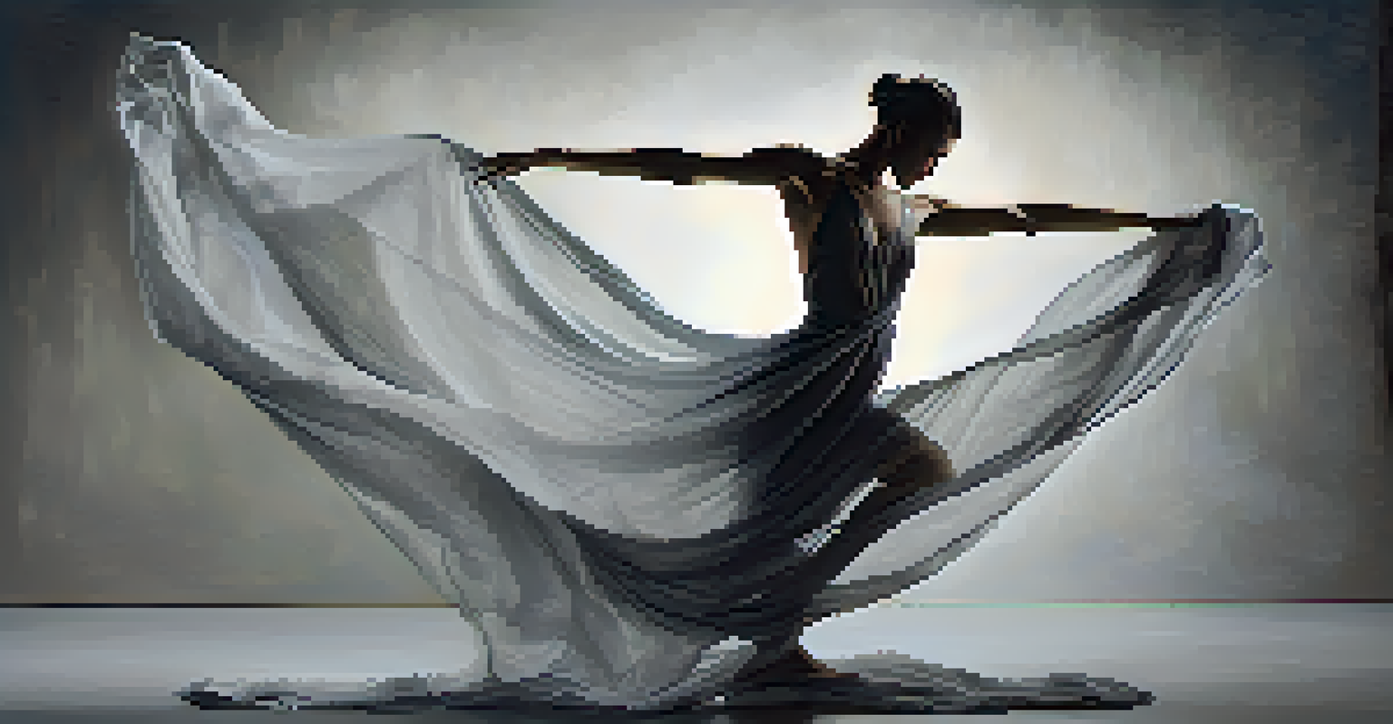 A contemporary dancer in motion, with flowing fabric, set against a textured gray background illuminated by soft lighting.