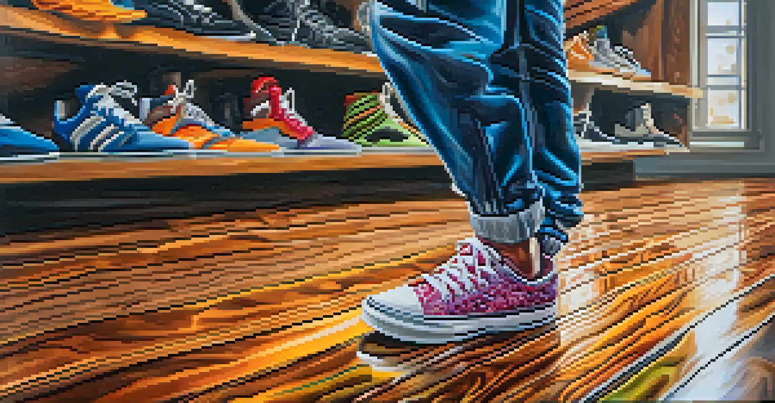 A close-up of a dancer's feet in colorful sneakers performing a hip hop move on a textured wooden floor.