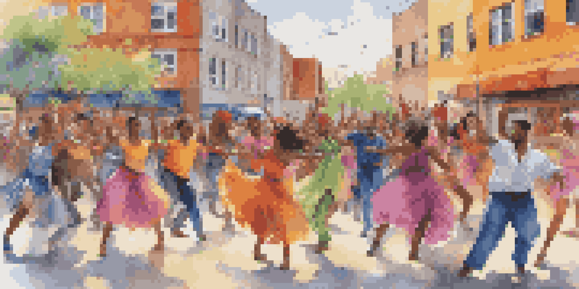 A diverse group of dancers performing contemporary dance in a public space, surrounded by an urban landscape and an engaged crowd.