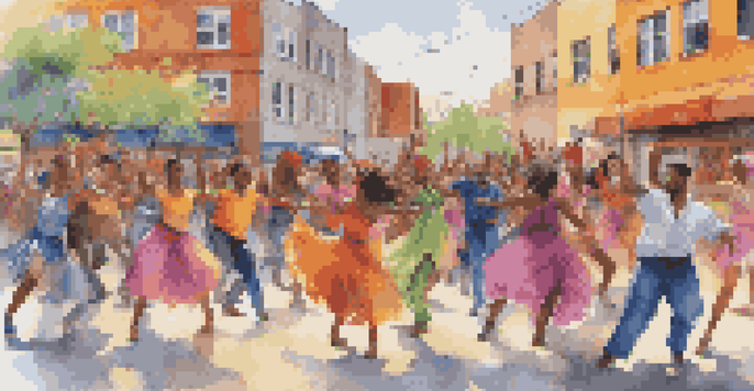 A diverse group of dancers performing contemporary dance in a public space, surrounded by an urban landscape and an engaged crowd.