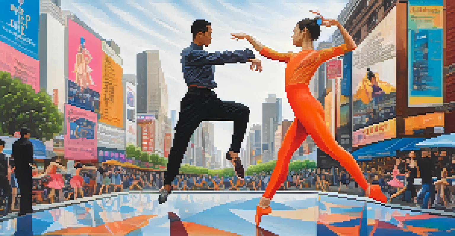 A split-screen image of two dancers in different cities collaborating digitally, showcasing their unique styles.