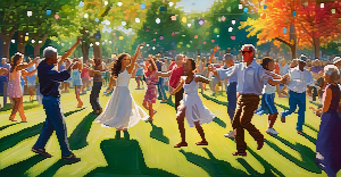 A lively outdoor dance event in a park, showcasing diverse participants dancing together under the sunlight.