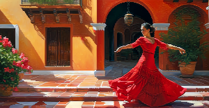 A flamenco dancer in a red dress performing in an Andalusian courtyard with a guitarist in the foreground.