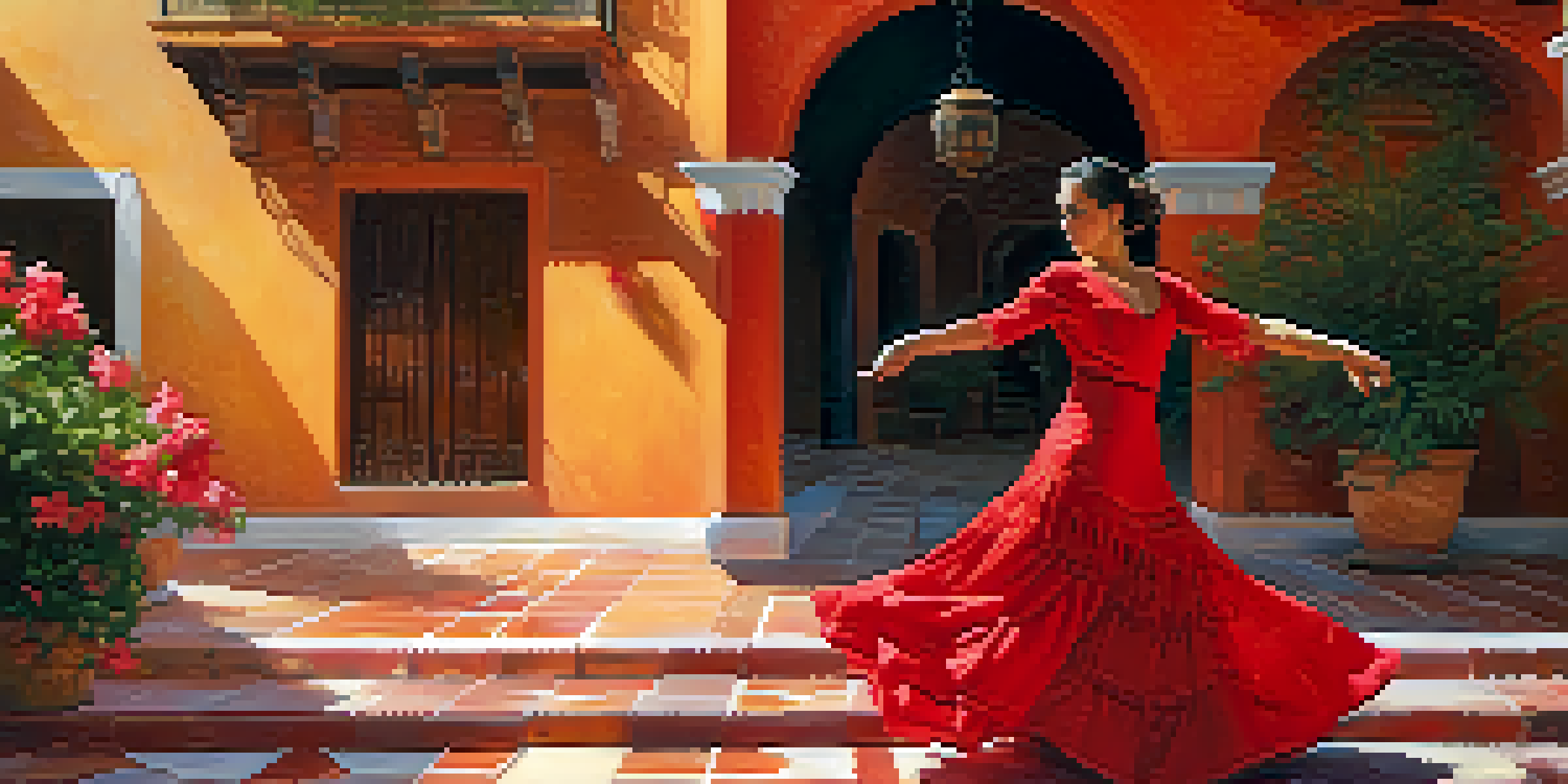 A flamenco dancer in a red dress performing in an Andalusian courtyard with a guitarist in the foreground.