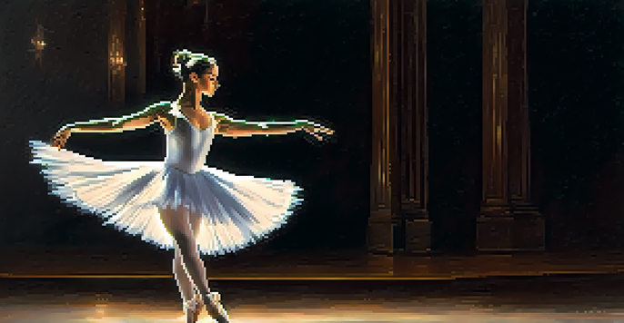 A ballet dancer in a white tutu performing a pirouette on a dimly lit stage, with a soft spotlight highlighting her movement.