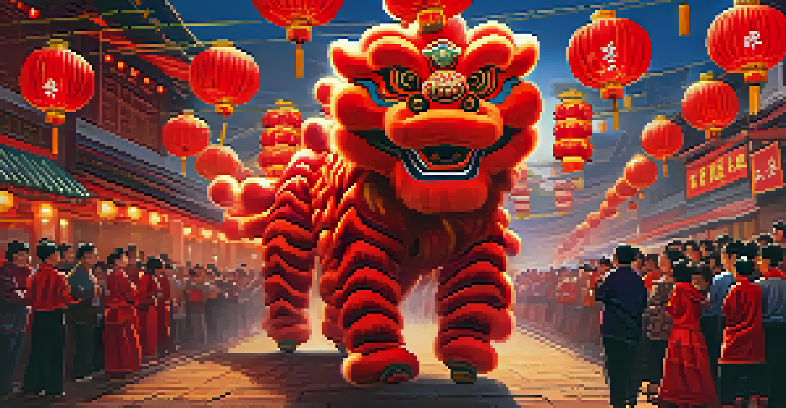 Two dancers performing the Chinese Lion Dance in a vibrant lion costume during a Lunar New Year celebration, surrounded by festive decorations and fireworks.