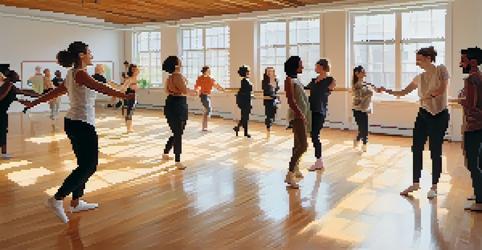A dance workshop in a sunny studio with LGBTQ+ individuals practicing choreography, showcasing joy and community.