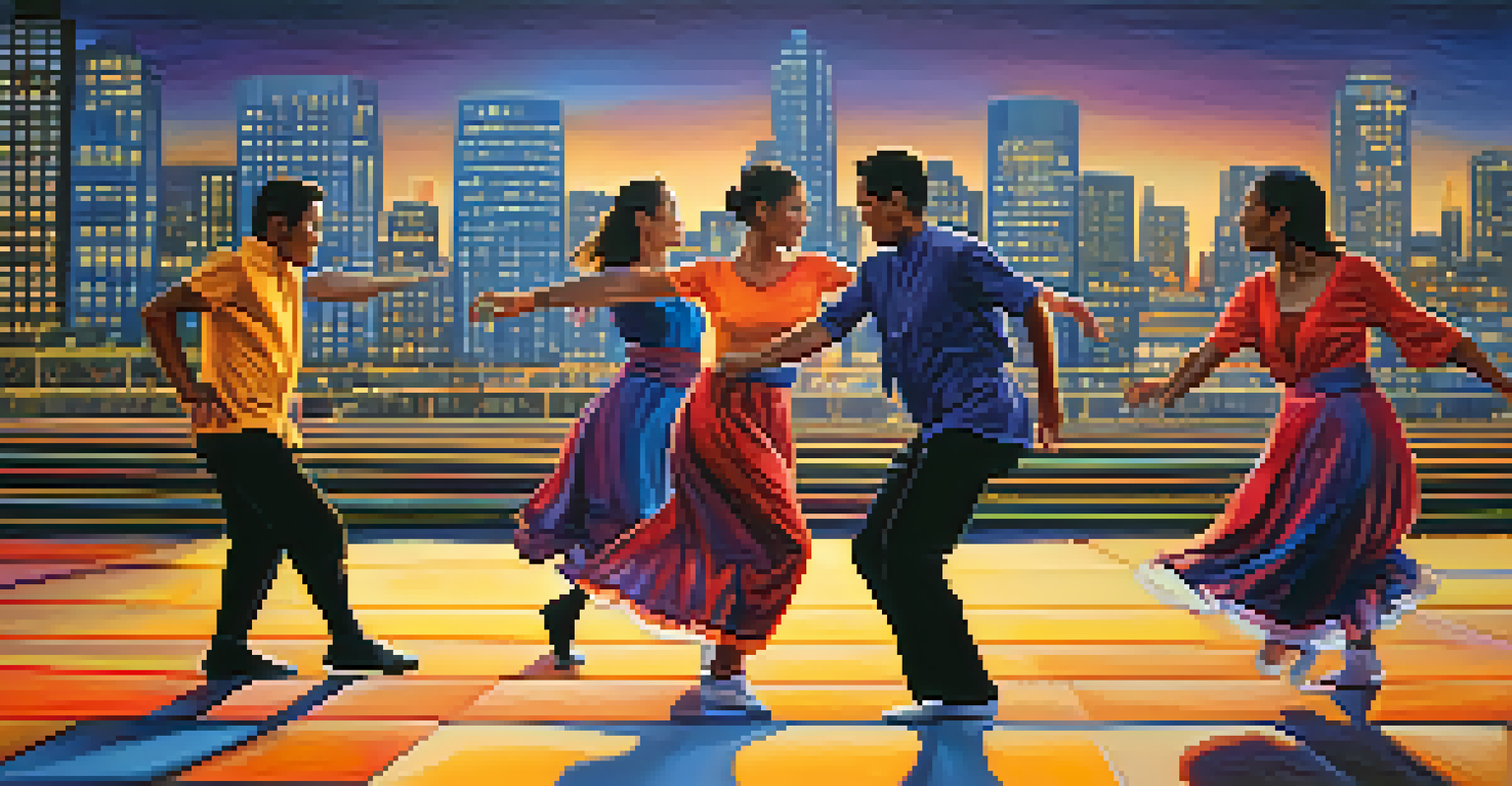 A contemporary folk dance performance in an urban setting, blending traditional and modern dance styles against a city skyline at dusk.
