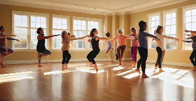 A diverse group of individuals participating in a dance therapy session in a bright and airy studio, showcasing joyful expressions and fluid movements.