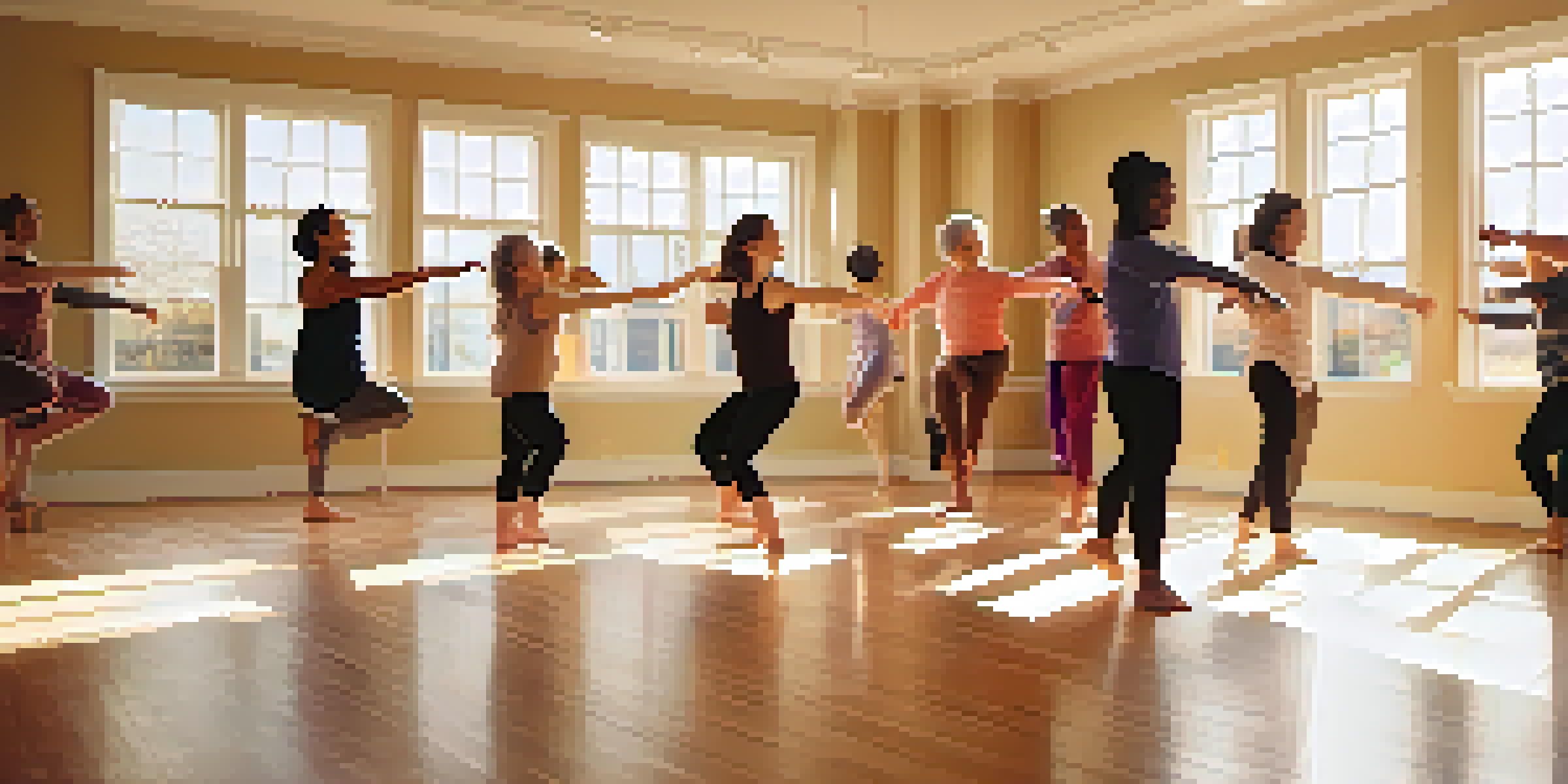 A diverse group of individuals participating in a dance therapy session in a bright and airy studio, showcasing joyful expressions and fluid movements.