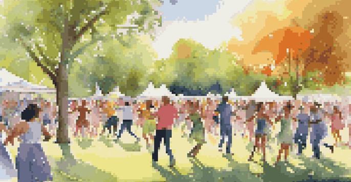 A lively outdoor dance event in a park with diverse dancers and an enthusiastic audience under sunny skies.