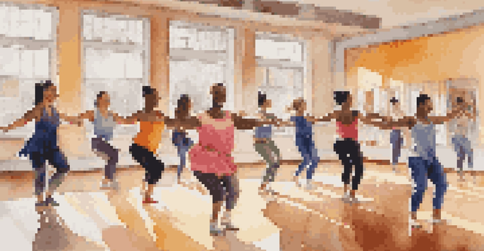 A dance class in a bright studio with a diverse group of dancers, including an instructor helping a dancer in a wheelchair, showcasing an inclusive environment.