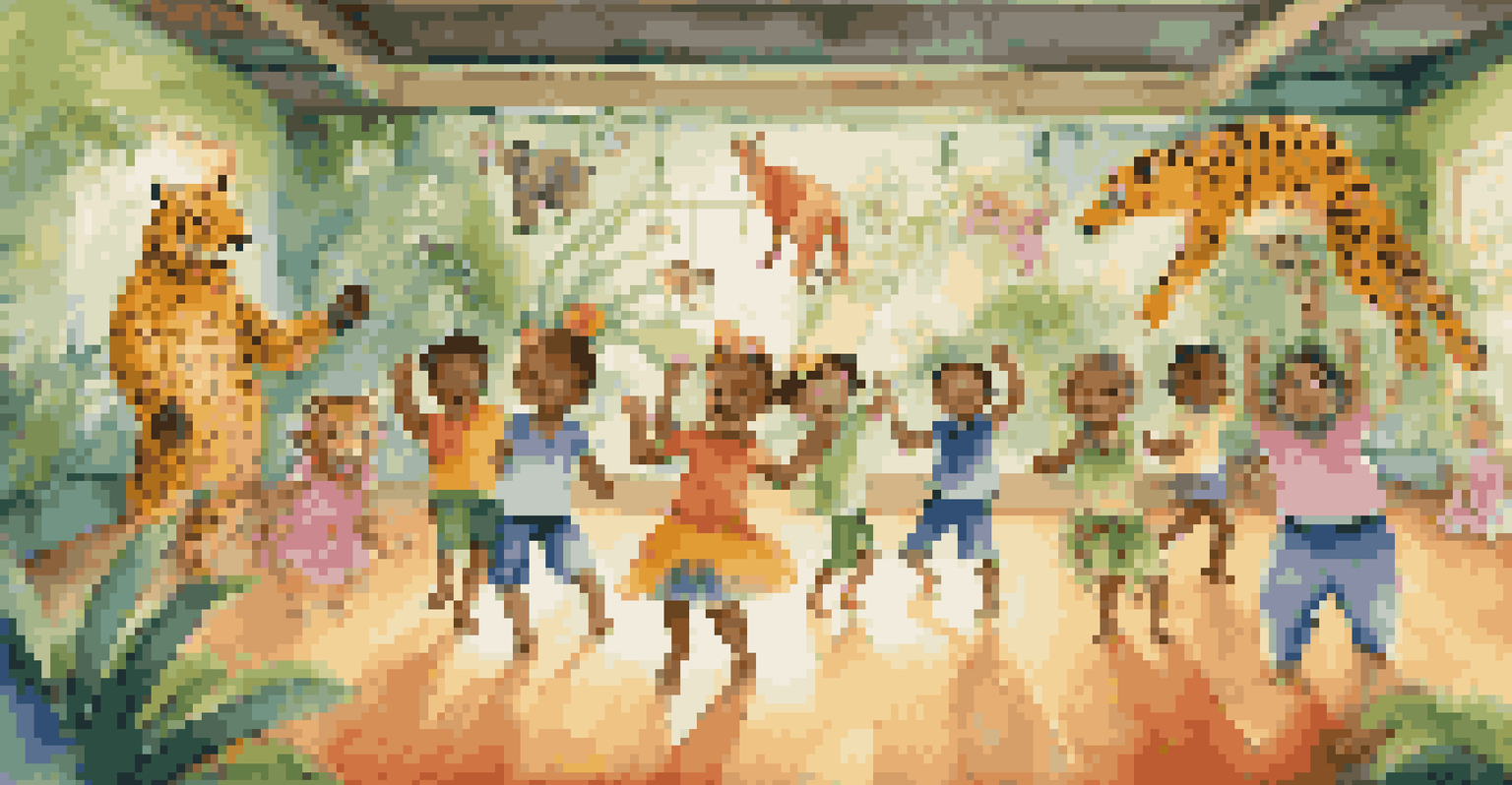 Children in animal costumes dancing energetically in a colorful dance class decorated with jungle themes.