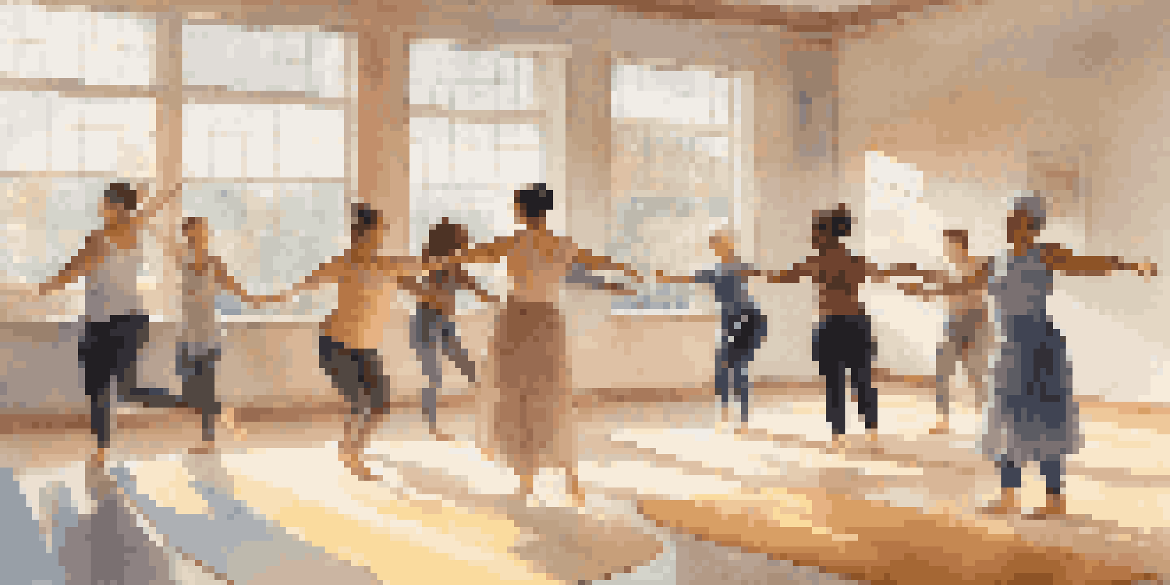 A group of people participating in a dance therapy session in a bright studio, expressing emotions through movement.