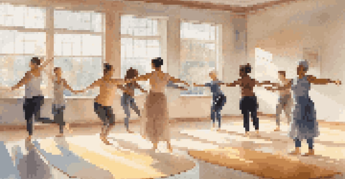 A group of people participating in a dance therapy session in a bright studio, expressing emotions through movement.
