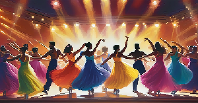 A colorful dance performance with diverse dancers in motion on stage, illuminated by spotlight and warm stage lights.