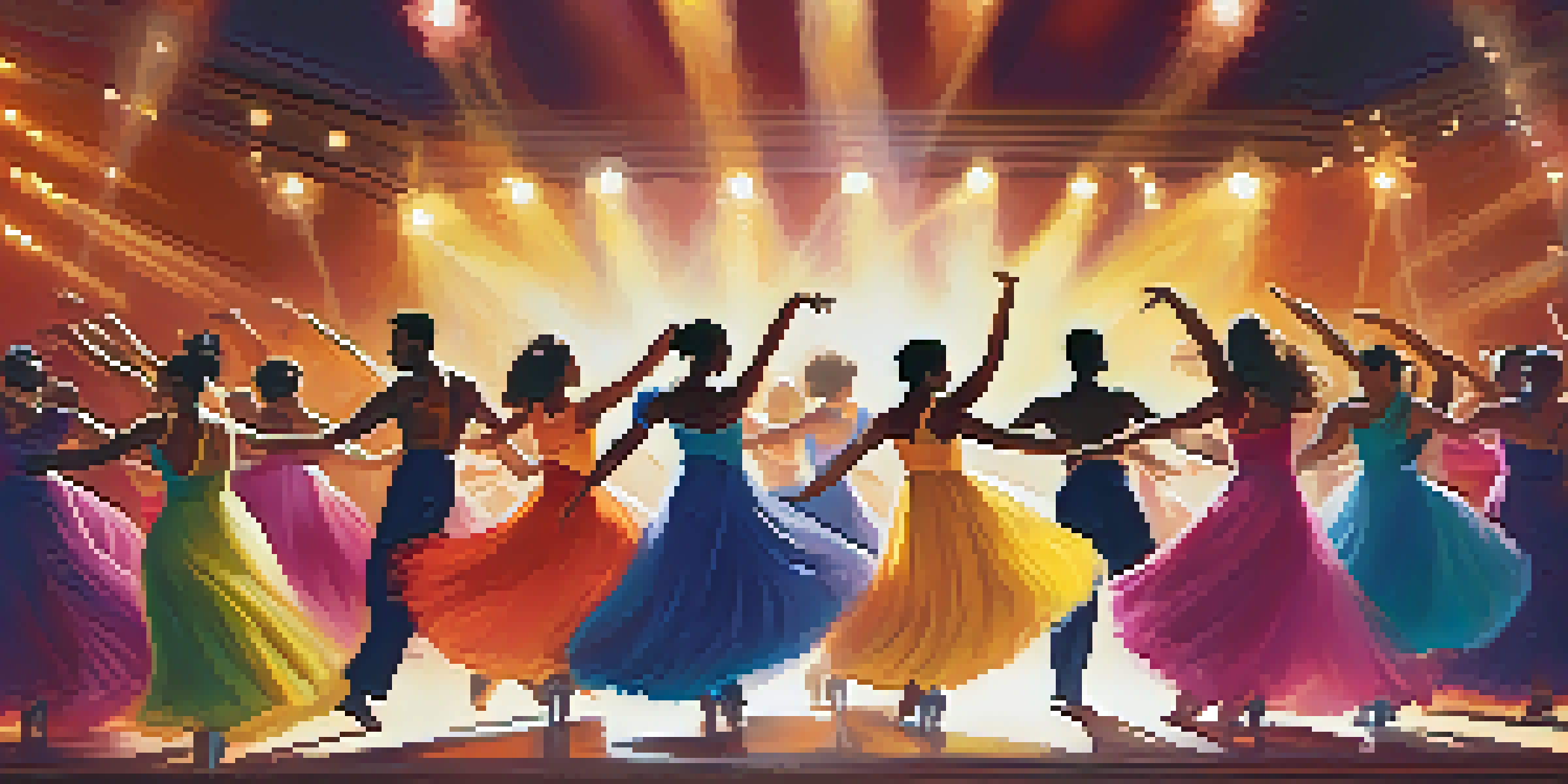 A colorful dance performance with diverse dancers in motion on stage, illuminated by spotlight and warm stage lights.