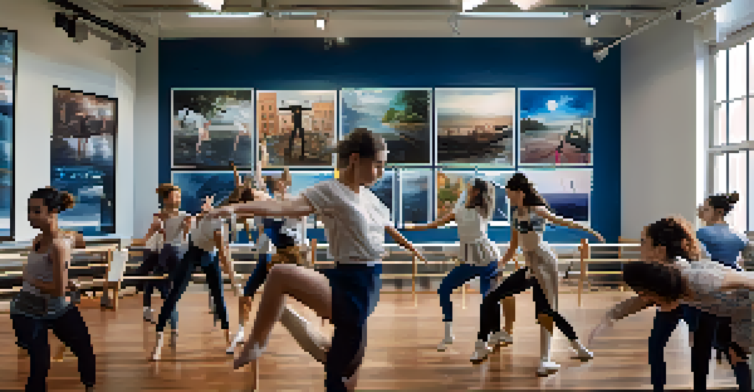 A group of dancers collaborating on choreography using tablets in a bright and inspiring studio.