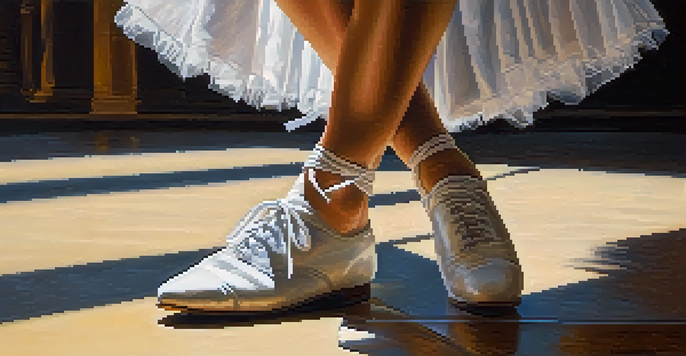 A close-up of a dancer preparing for a performance by tying their shoelaces, showcasing their costume and accessories.