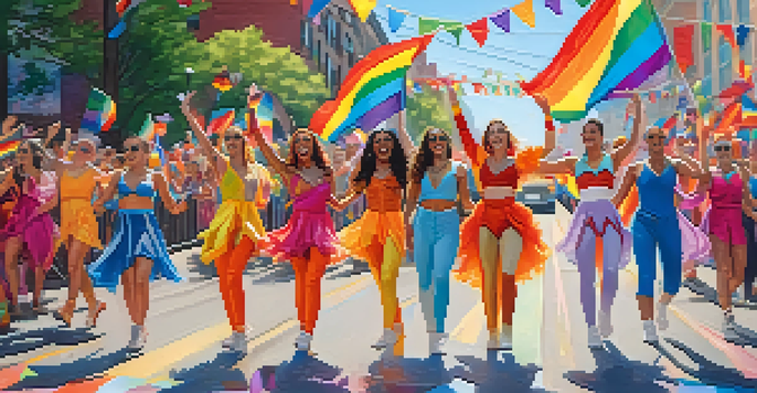 A lively Pride parade with dancers in colorful costumes, rainbow flags, and a cheerful crowd under a sunny blue sky.