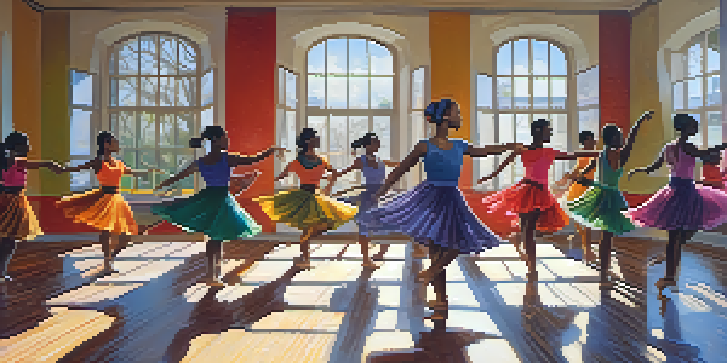 A diverse group of dancers practicing in a bright dance studio, reflecting a mix of cultural dance styles.