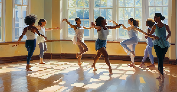 A group of diverse individuals engaged in expressive dance movement therapy in a sunlit studio with pastel colors and soft shadows.