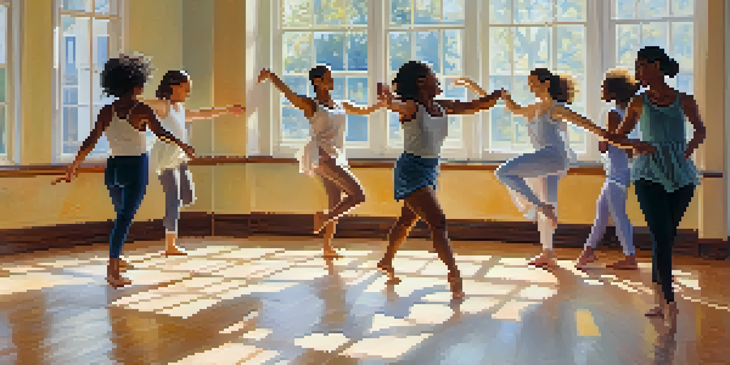 A group of diverse individuals engaged in expressive dance movement therapy in a sunlit studio with pastel colors and soft shadows.