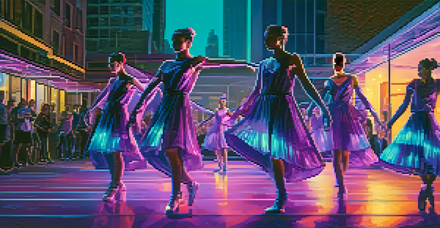 Contemporary dancers in high-tech costumes with LED lights performing in an urban setting, illuminated by blue and purple lights.