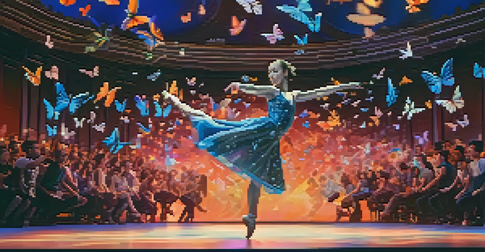 A dancer performing on stage with animated digital butterflies swirling around them, creating a captivating augmented reality experience.