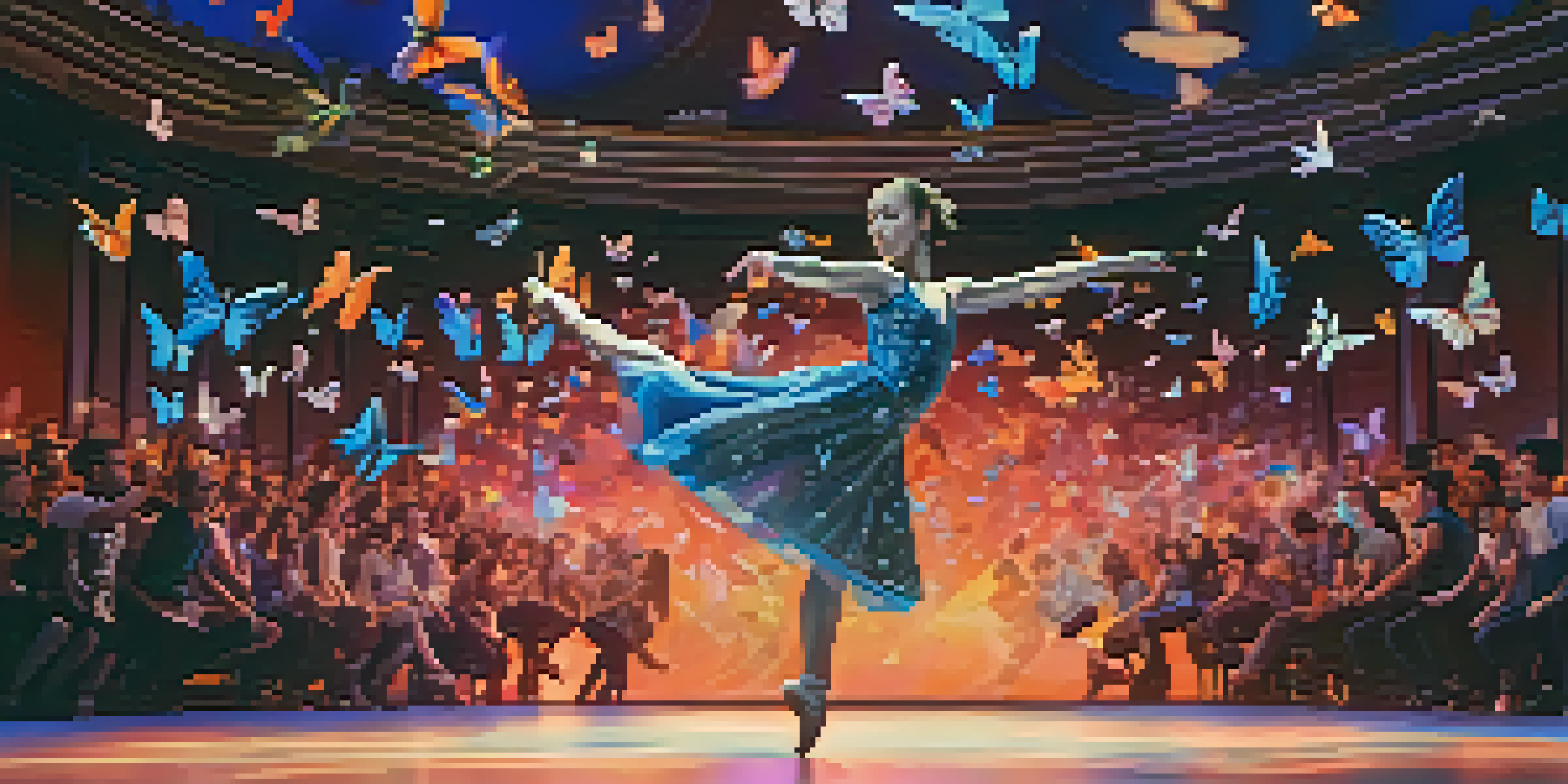 A dancer performing on stage with animated digital butterflies swirling around them, creating a captivating augmented reality experience.